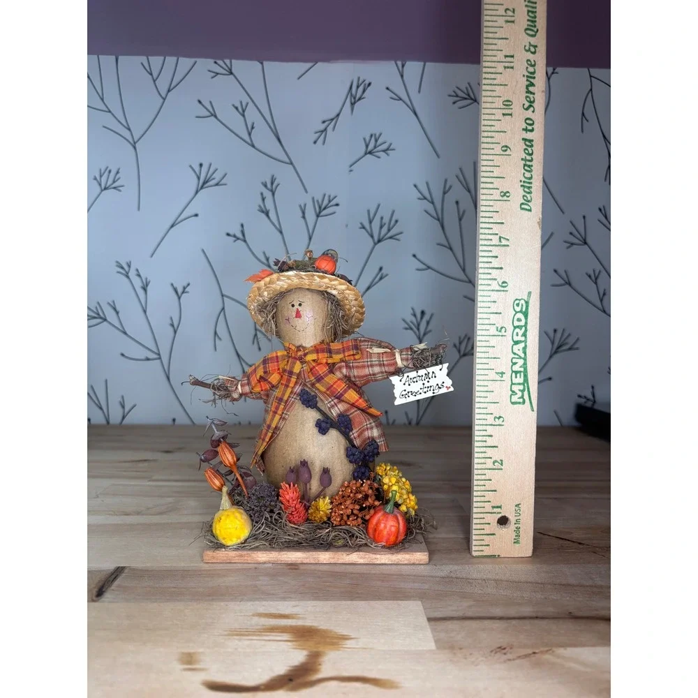 Rustic Autumn Greetings Scarecrow Figurine Plaid Fall Thanksgiving Decor 8.5